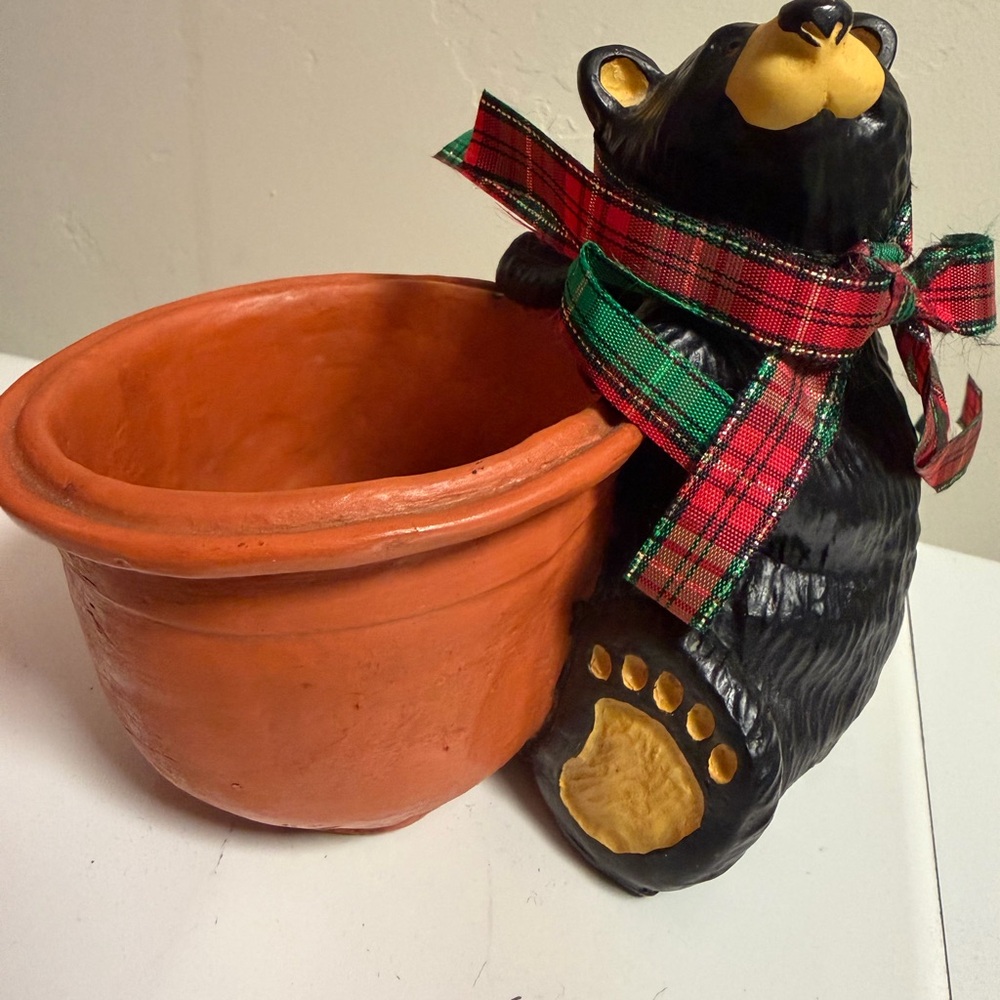 Charming Black Bear Planter with Orange Pot